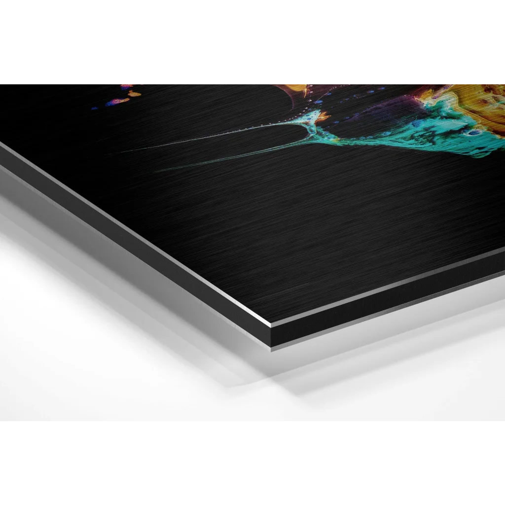 Glass Wall Art Vibrant teal orange purple abstract on black metal frame brushed aluminium dibond