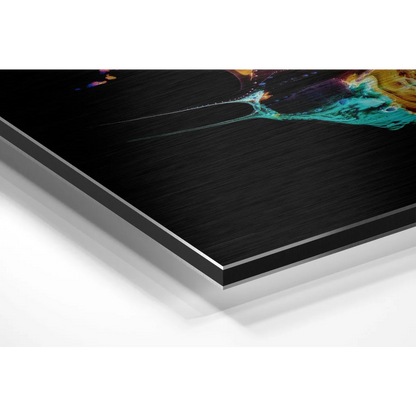 Vibrant teal orange purple abstract on black metal frame brushed aluminium dibond