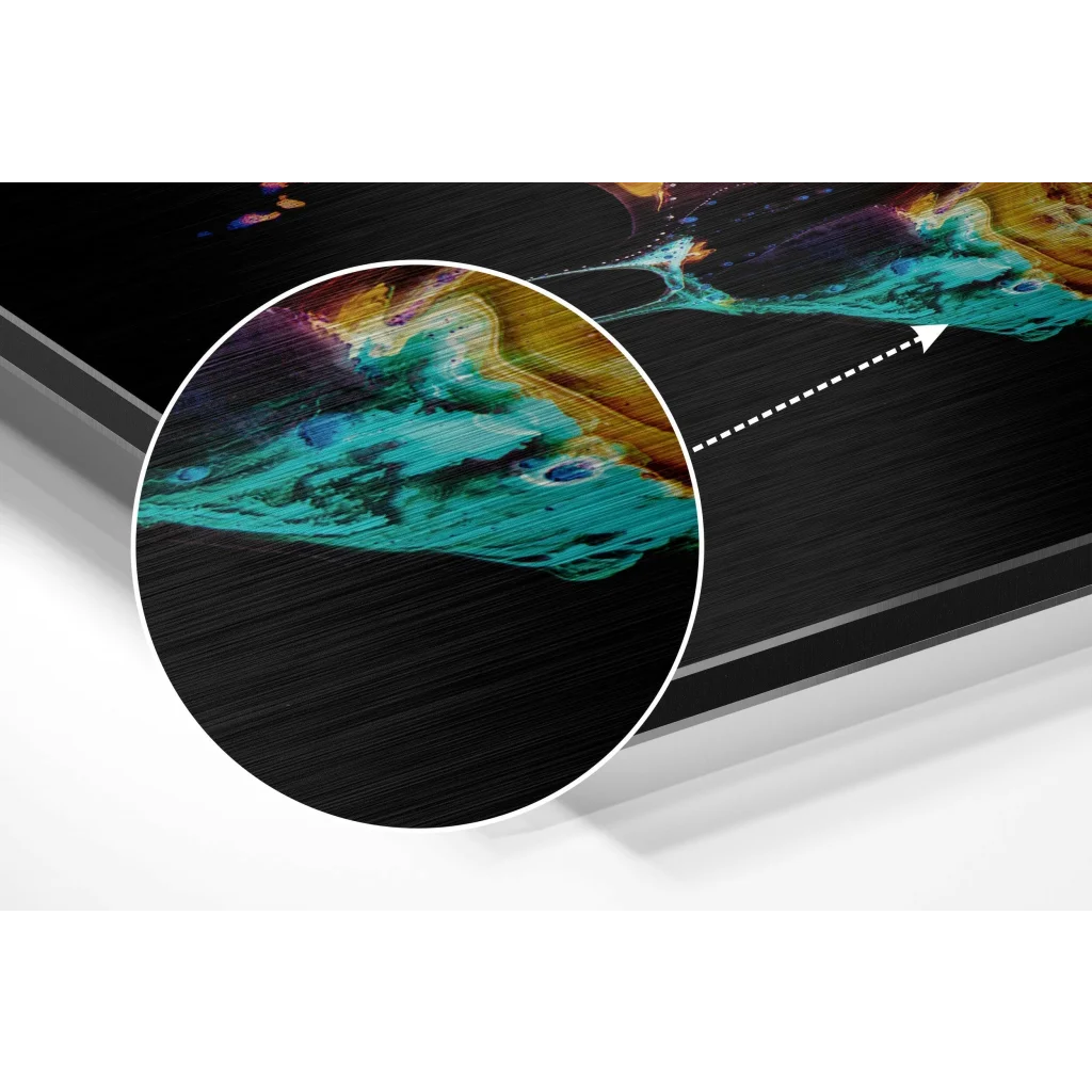 glass wall art Vibrant teal gold abstract swirl on black framed brushed aluminium dibond