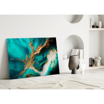 Stunning teal and gold glass wall art canvas with glossy shine