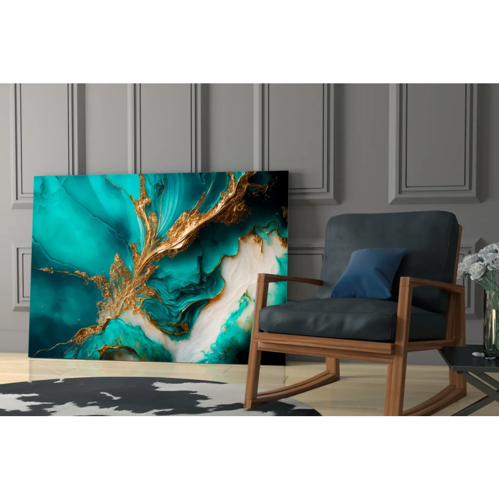 Stunning teal and gold abstract glass wall art canvas with glossy shine