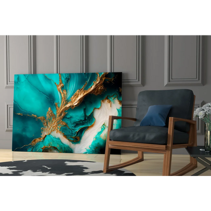 Stunning teal and gold abstract glass wall art canvas with glossy shine