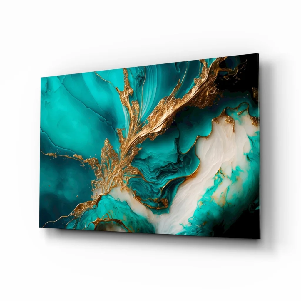 Stunning teal and gold glass wall art canvas with glossy shine