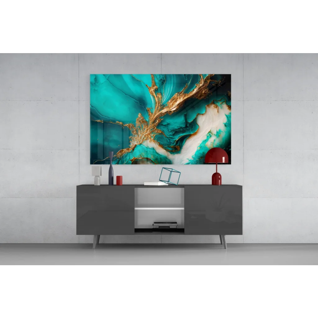 Stunning teal gold glass wall art canvas with glossy shine