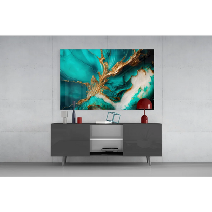 Stunning teal gold glass wall art canvas with glossy shine