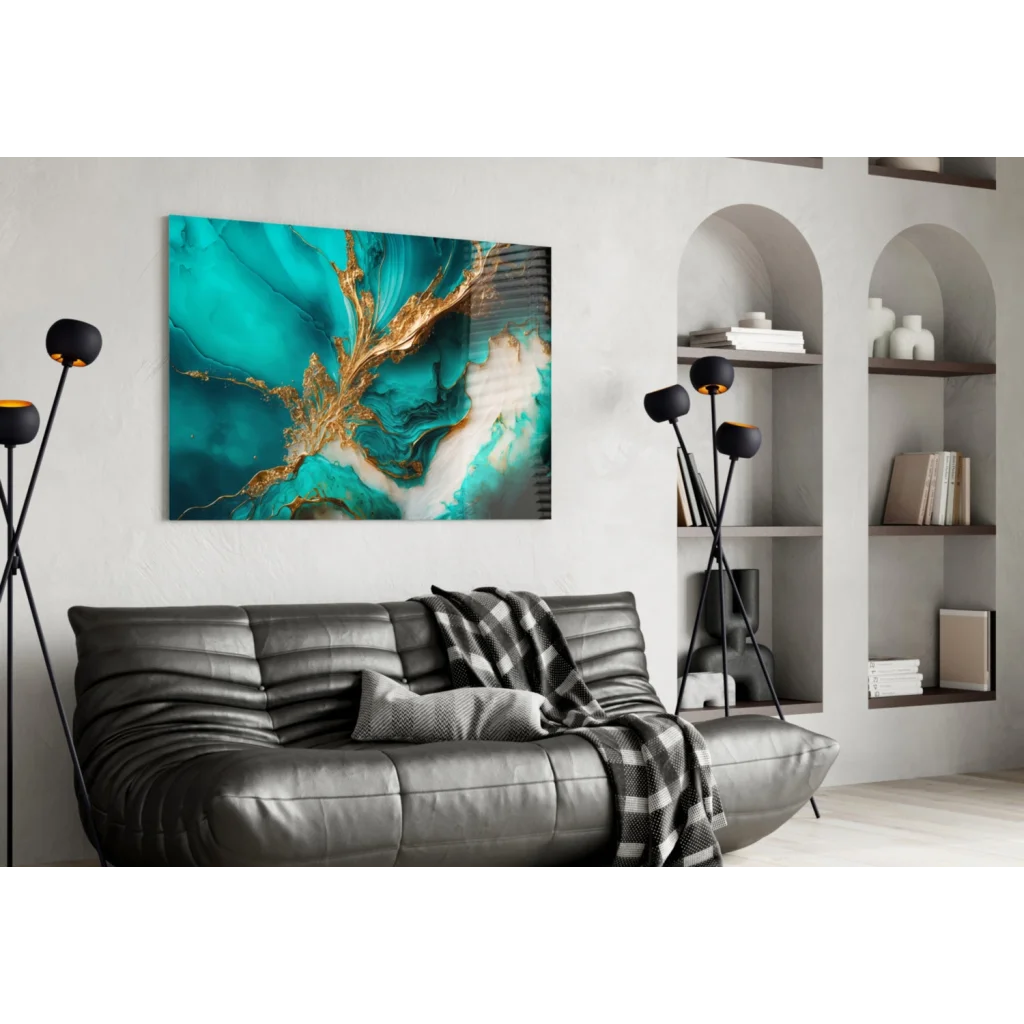 Stunning teal gold glass wall art canvas with glossy shine