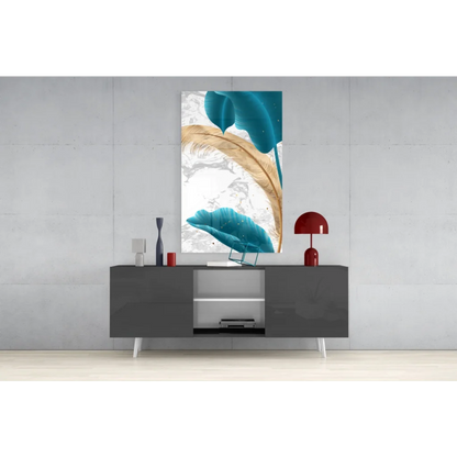 Stunning teal gold marble feather wall art canvas on gray console
