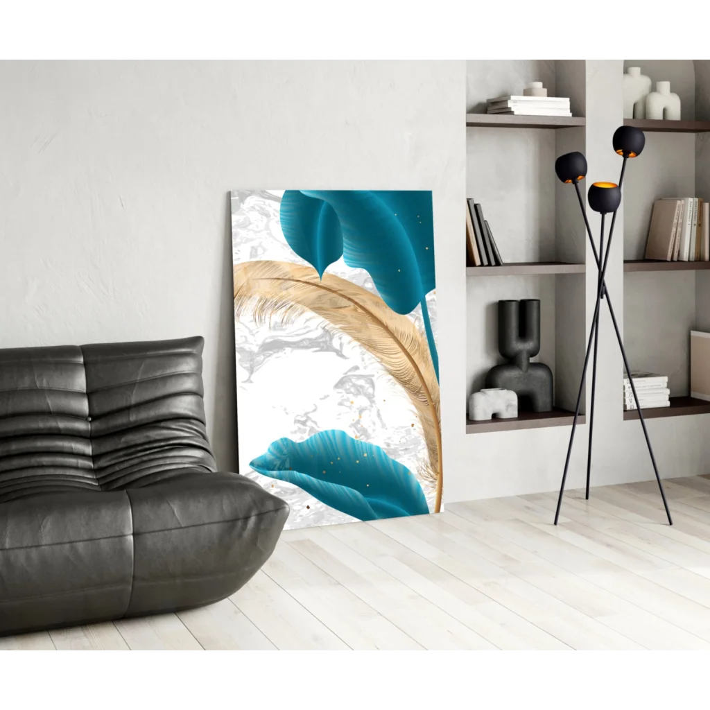 Stunning teal gold marble feather wall art canvas painting