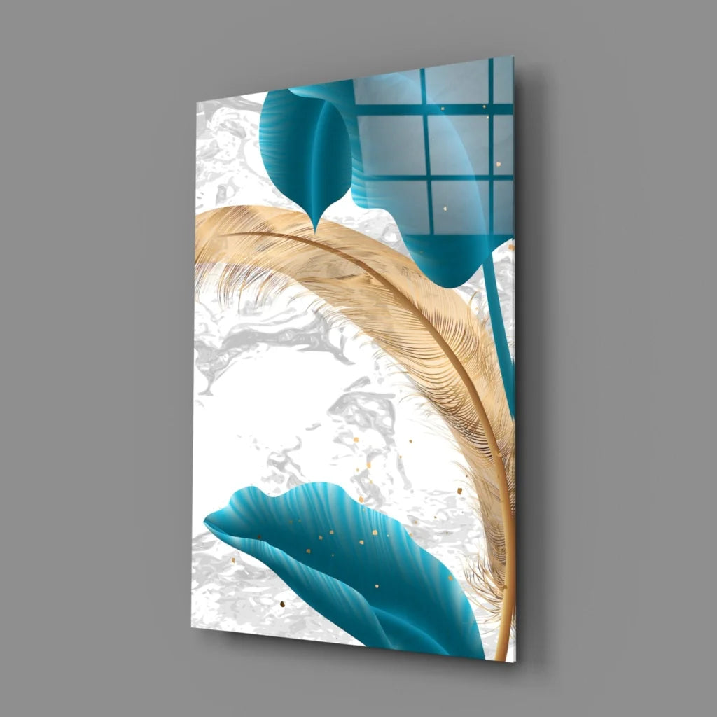 Stunning teal gold marble feather wall art canvas with abstract feathers