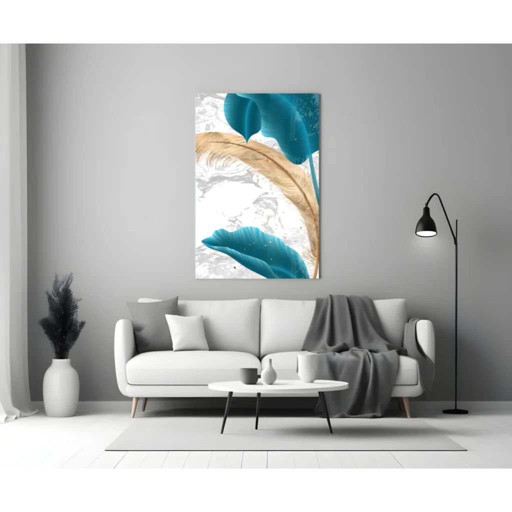 Teal gold abstract leaf canvas wall art with marble texture