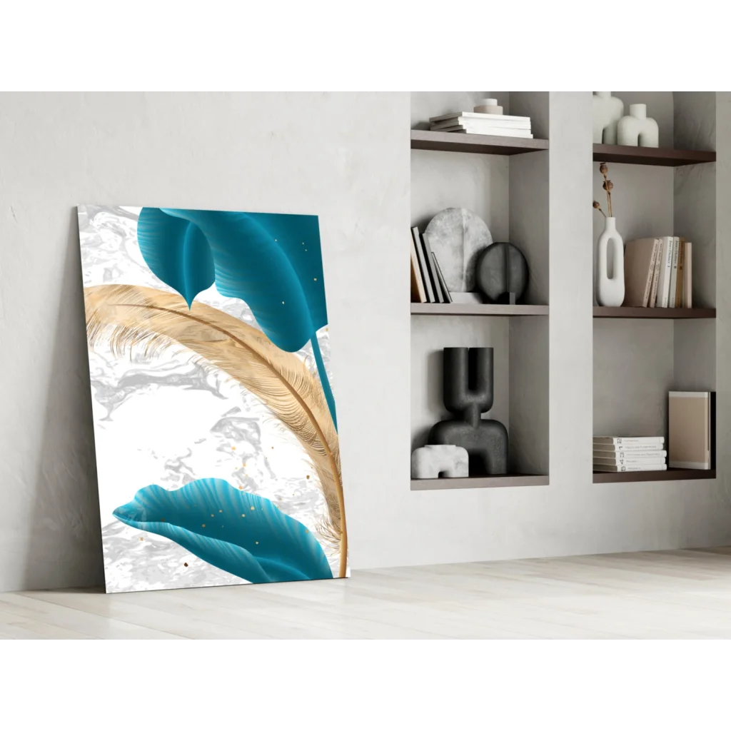 Stylized teal and gold leaves on white marble wall art canvas
