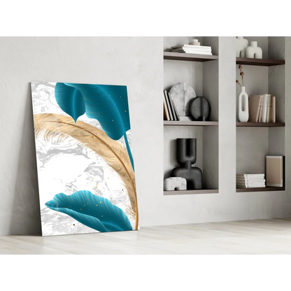 Stylized teal and gold leaves on white marble wall art canvas