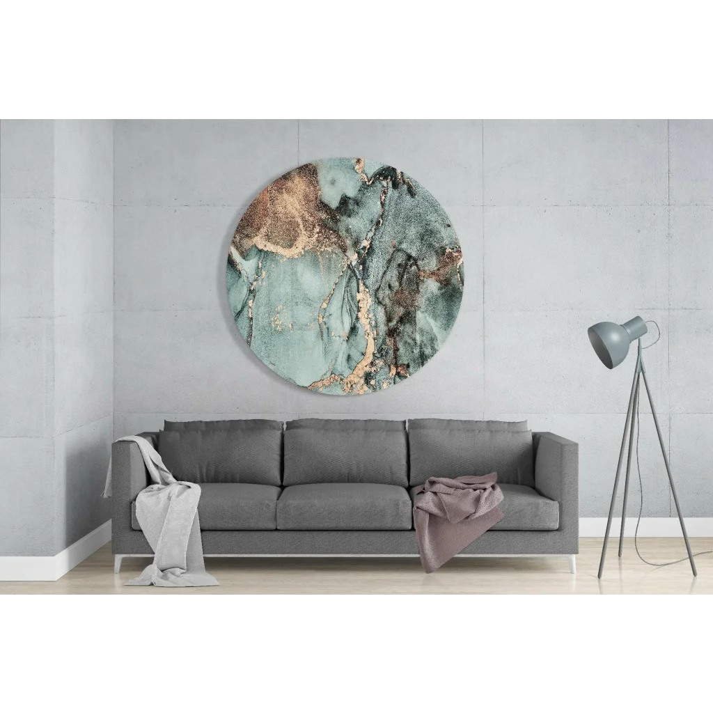 Stunning teal gold marble tempered glass art circle