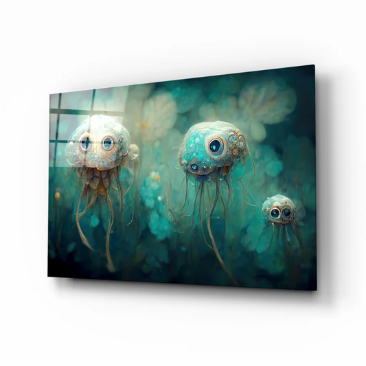 Stunning teal jellyfish glass wall art with steampunk details