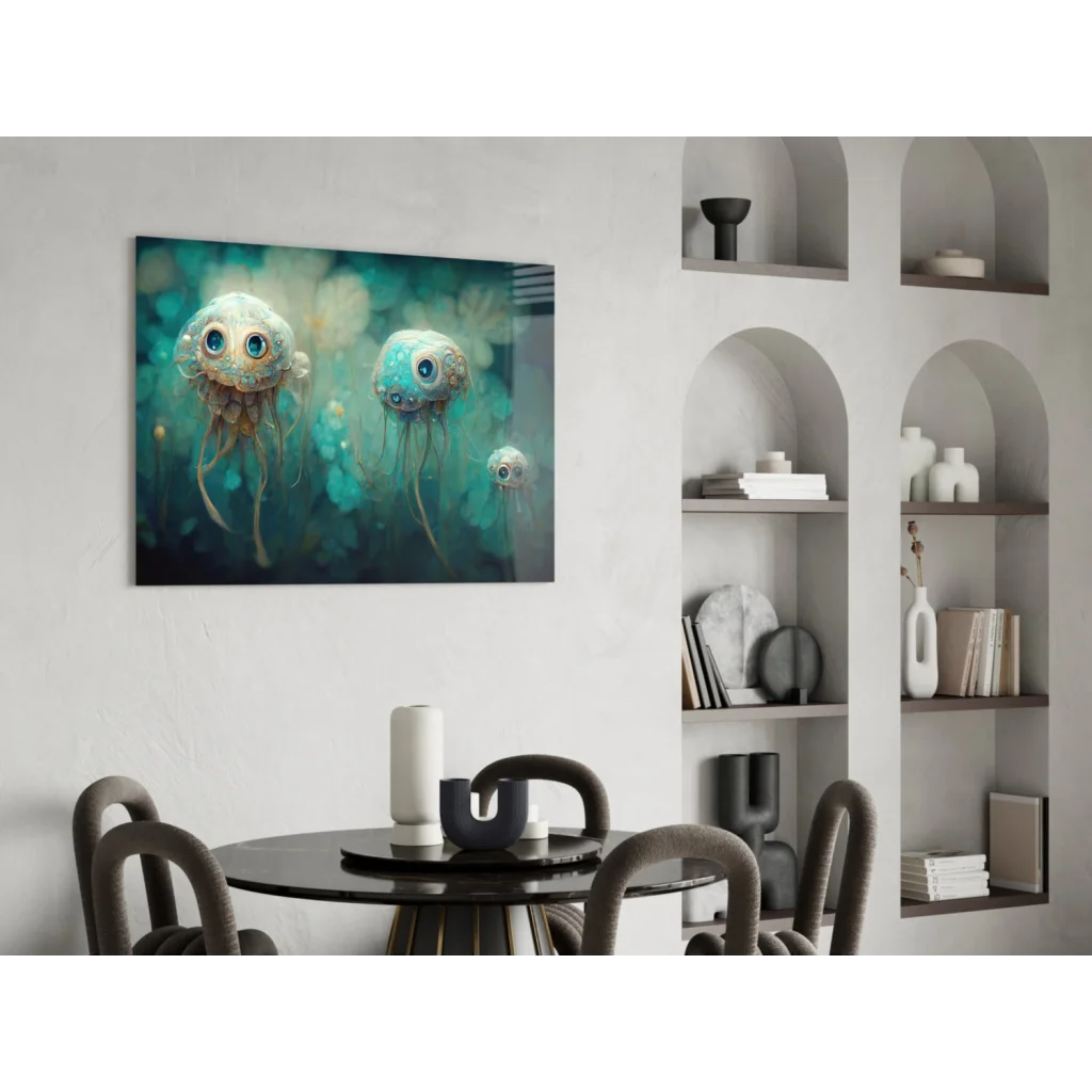 Stunning teal jellyfish glass wall art with steampunk details and glossy finish