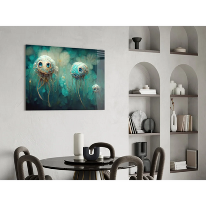 Stunning teal jellyfish glass wall art with steampunk details and glossy finish