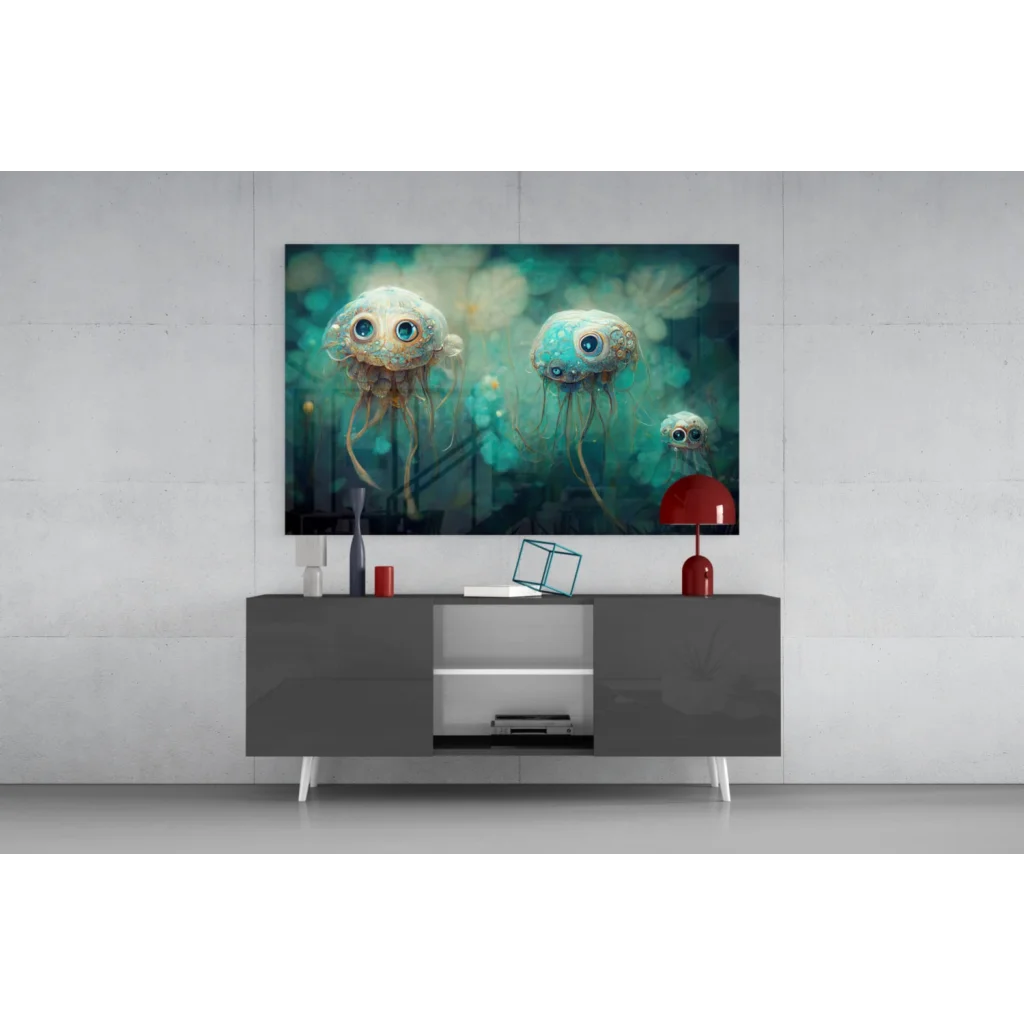 Stunning teal jellyfish glass wall art with steampunk details