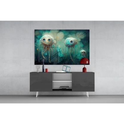 Stunning teal jellyfish glass wall art with steampunk details