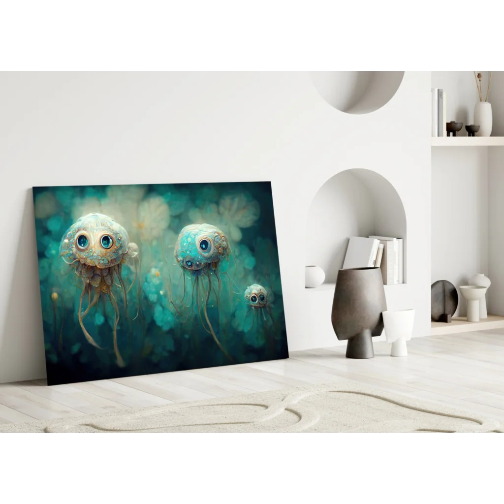 Stunning teal jellyfish glass wall art with steampunk details and white eyes