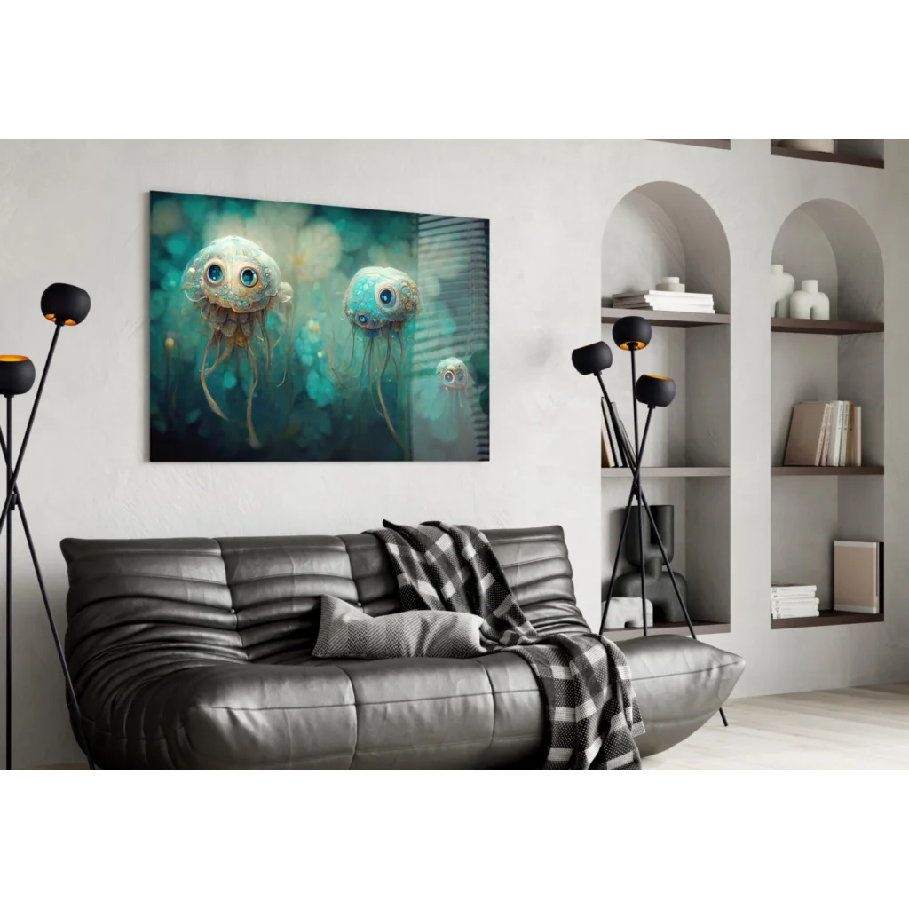 Stunning teal jellyfish glass wall art with steampunk details