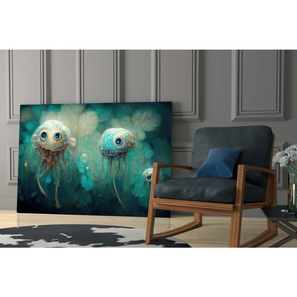 Stunning teal jellyfish glass wall art with steampunk details
