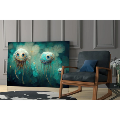 Stunning teal jellyfish glass wall art with steampunk details