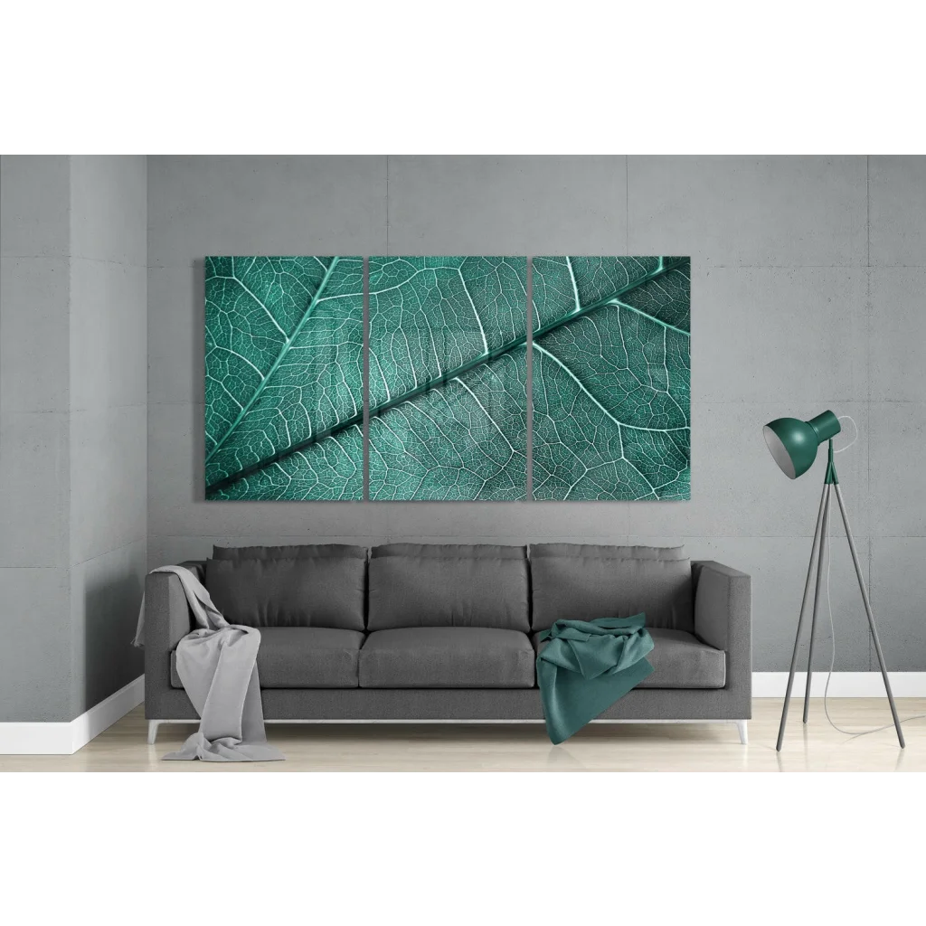 Vibrant teal leaf glass wall art triptych canvas set with intricate veins