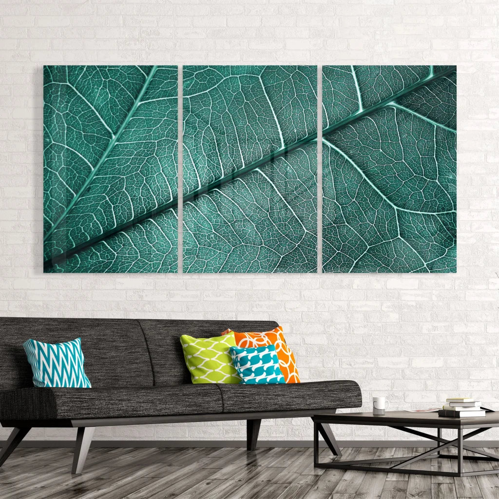 Stunning teal leaf glass wall art triptych canvas set