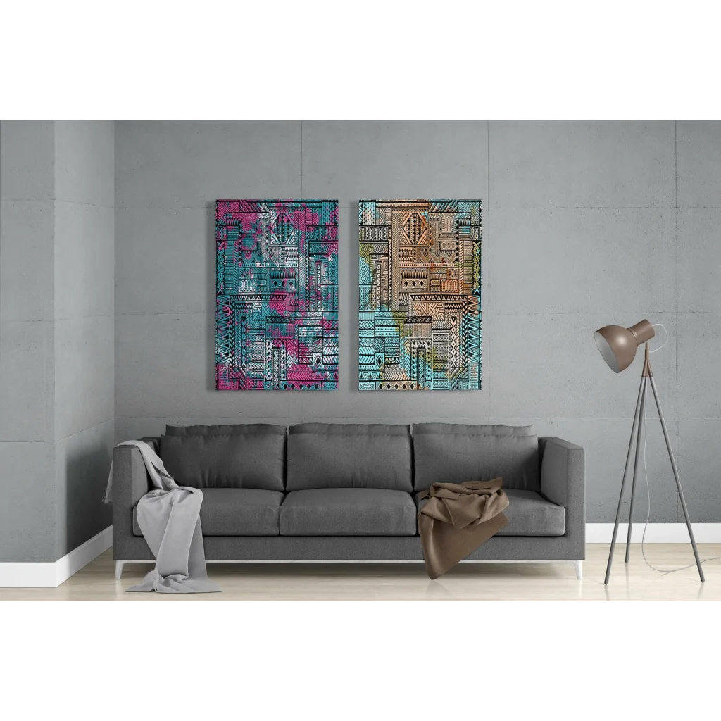 Gray sofa with patterned throw under stunning teal pink glass wall art set