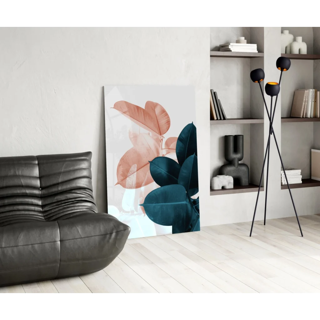 Stunning teal and rose gold leaf wall art print with pink leaves