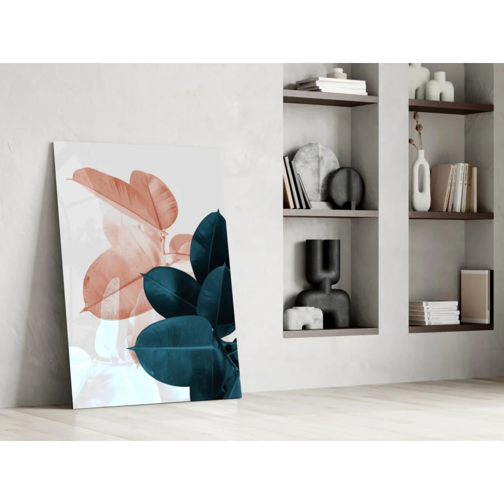 Stunning rose gold and teal abstract leaf wall art canvas print