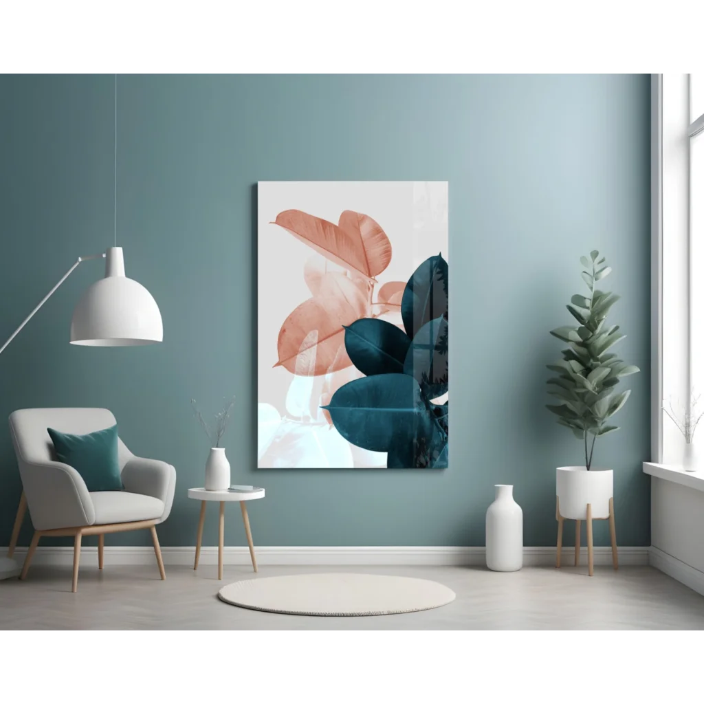 Stunning teal and rose gold leaf wall art print on white background