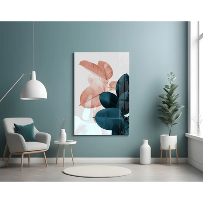 Stunning teal and rose gold leaf wall art print on white background