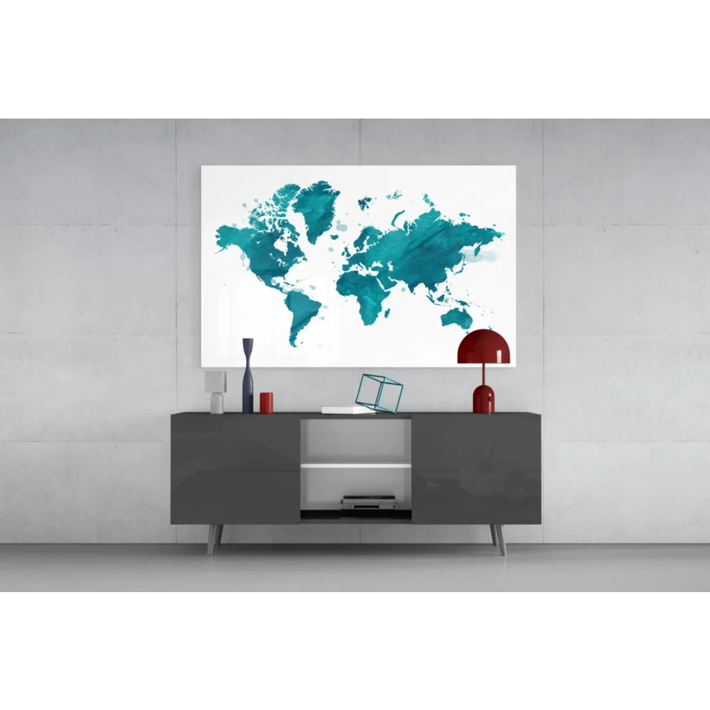 Stunning teal watercolor world map canvas wall art