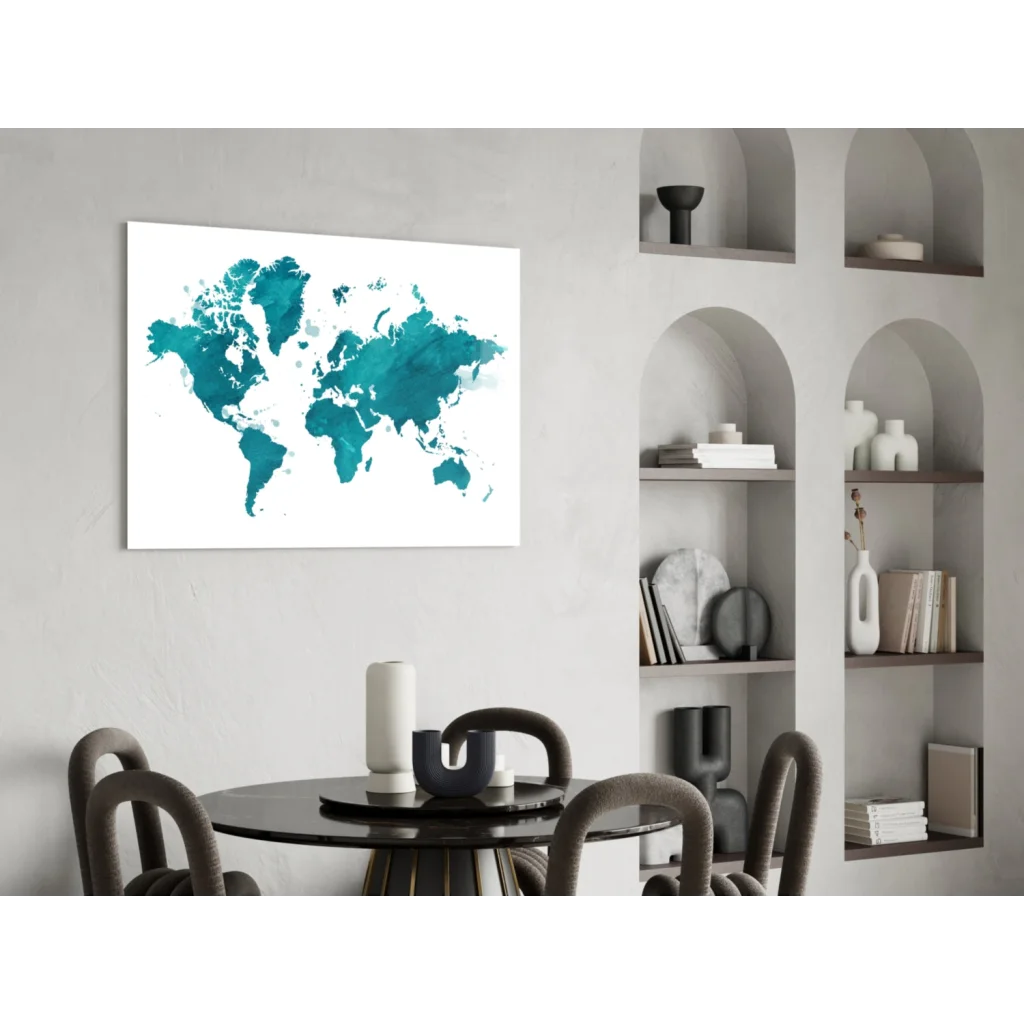Teal watercolor world map canvas wall art on white wall