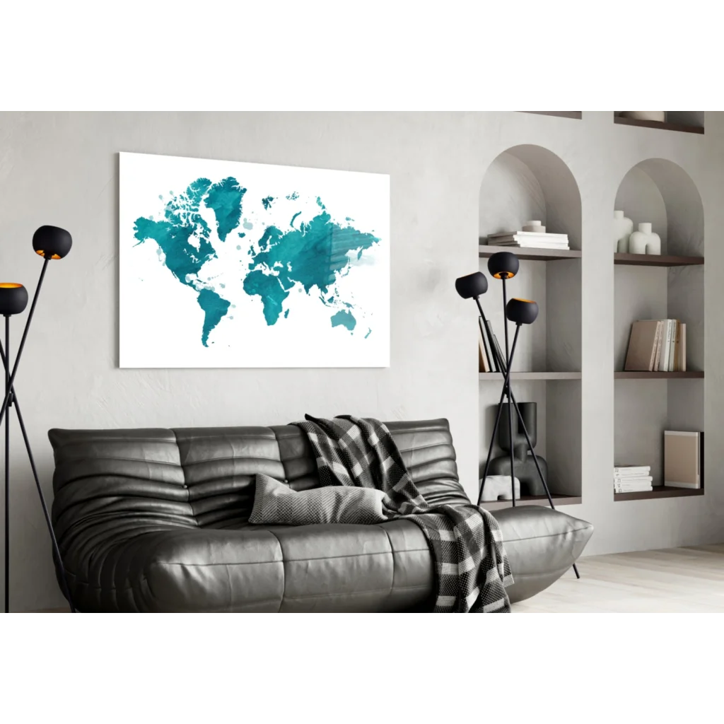 Stunning teal watercolor world map canvas wall art