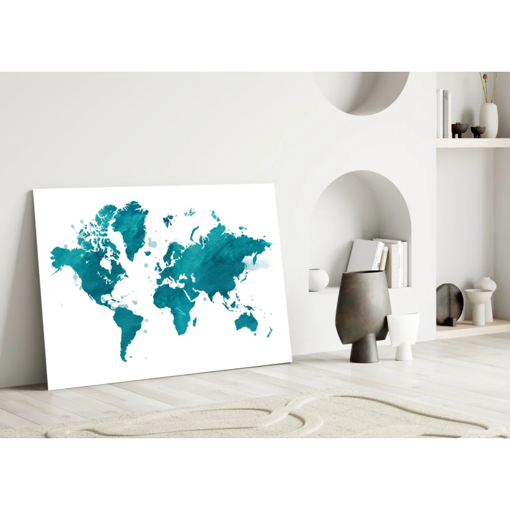 Stunning teal watercolor world map wall art canvas