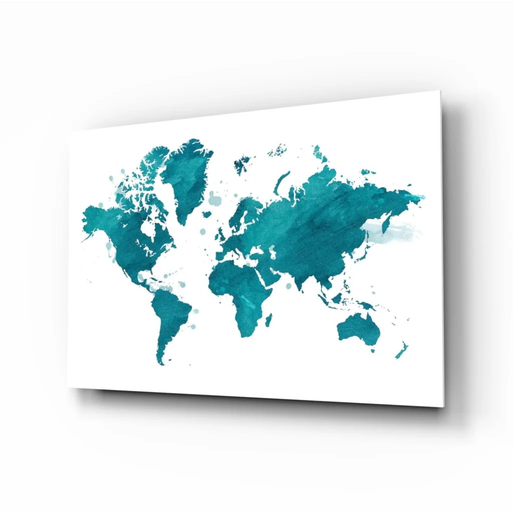Stunning teal watercolor world map canvas wall art