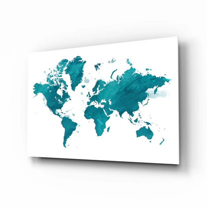 Stunning teal watercolor world map canvas wall art