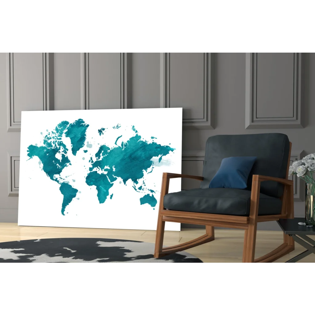 Stunning teal watercolor world map wall art canvas