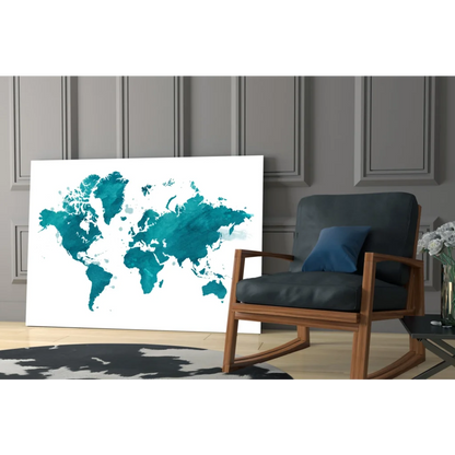 Stunning teal watercolor world map wall art canvas