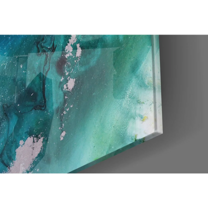 Stunning teal wave glass wall art print on glossy canvas