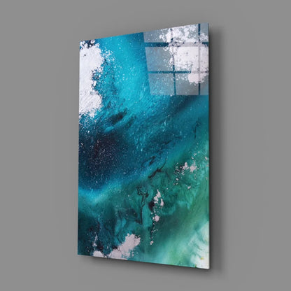 Stunning teal turquoise wave glass wall art with white grid pattern