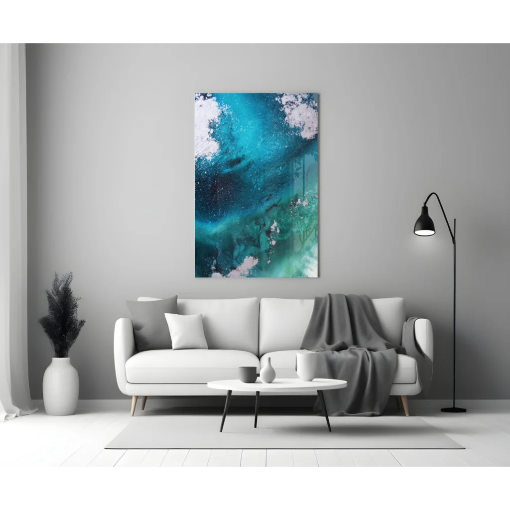 Stunning teal wave glass wall art print on canvas for modern homes