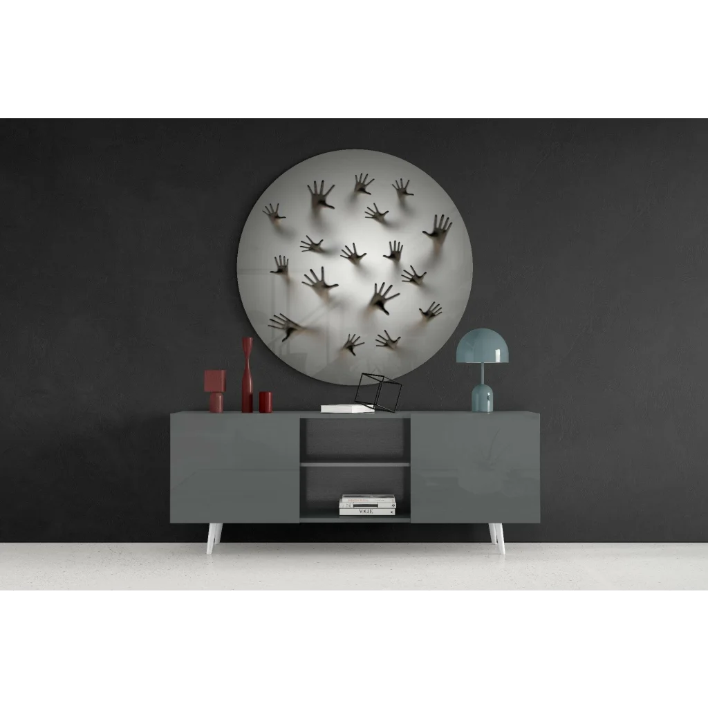 Gray modern sideboard with white legs, red accents, and stunning tempered glass art
