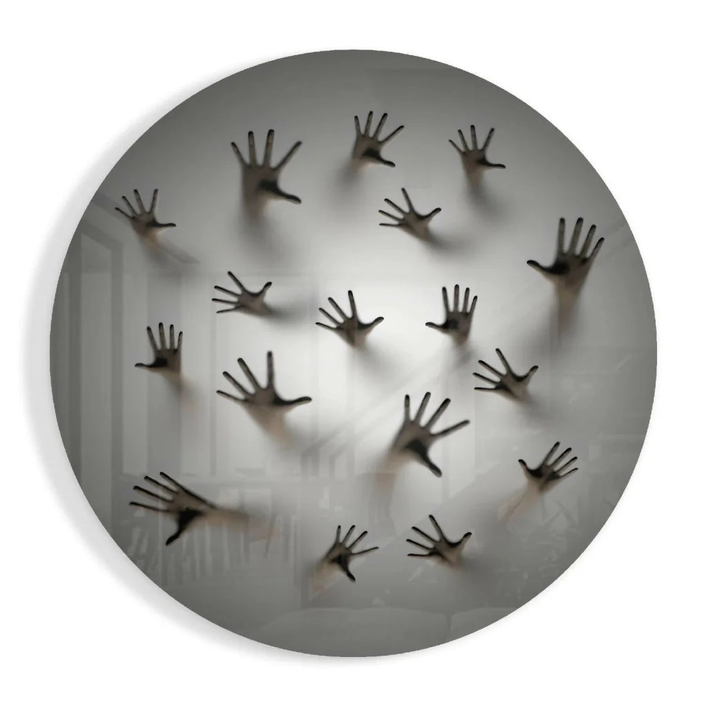 Bold black hand-shaped hooks on white wall in stunning tempered glass art