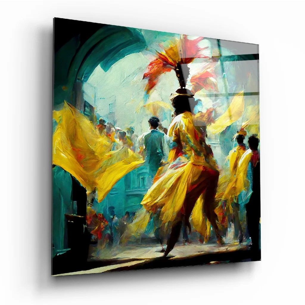 Vibrant yellow red feathered dancer on tempered glass art panel