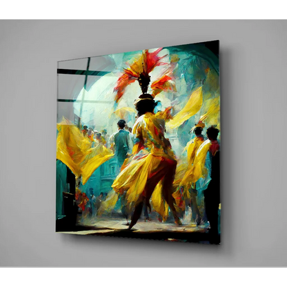 Vibrant yellow red feathered glass art on tempered panel with bold swirls