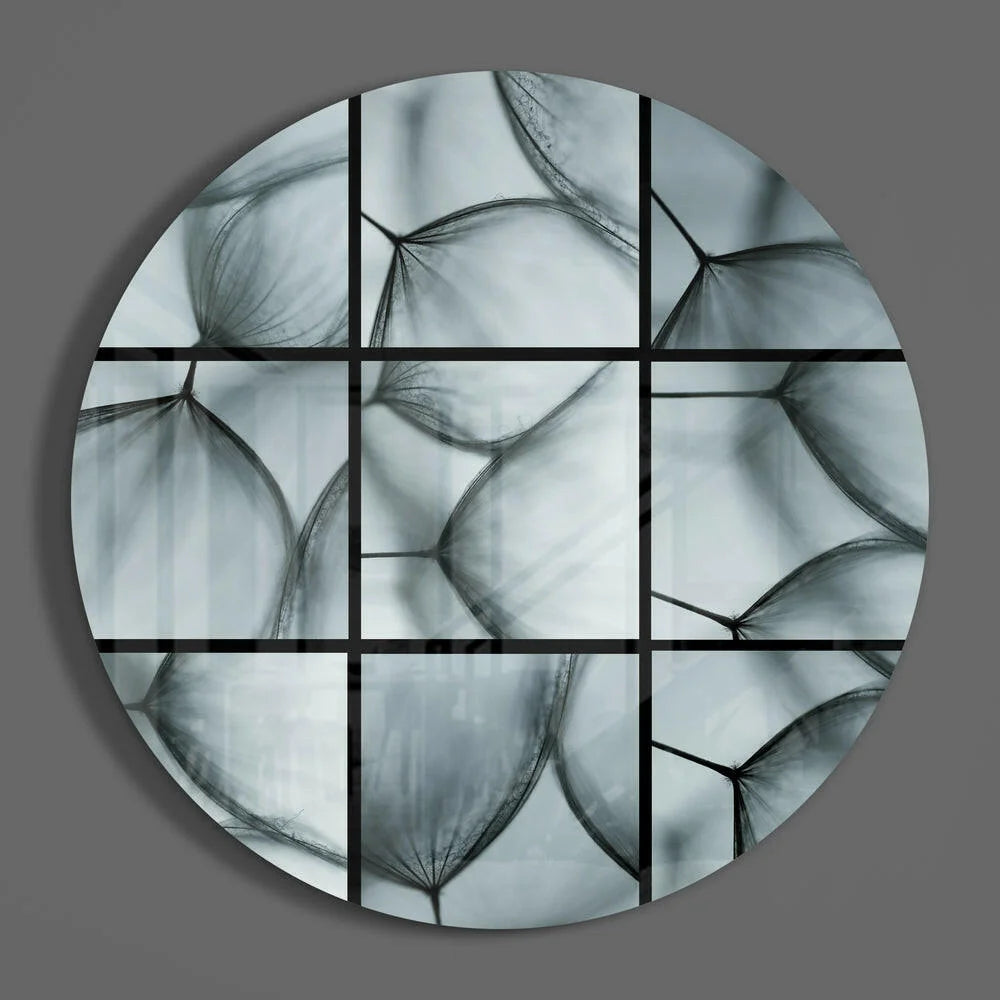 Stunning tempered glass art of silver dandelion pod with black grid