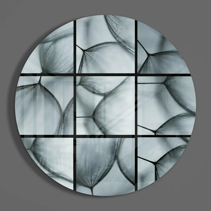 Stunning tempered glass art of silver dandelion pod with black grid